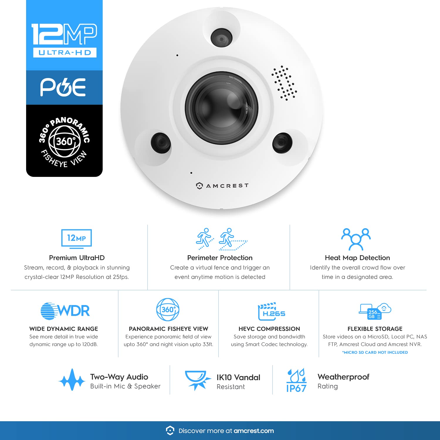 Amcrest Fisheye IP POE Camera, 360° Panoramic 12-Megapixel POE IP Camera, Heat Map Detection, Perimeter Protection, People Counting, 33ft Nightvision, MicroSD Recording, IP12M-F2380EW (White)