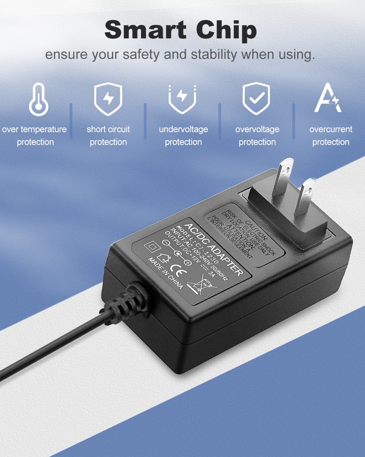 DC 12 Volt 3 Amp Power Supply Adapter 3A AC Adapter 100-240V 50-60Hz AC to DC 12V Cord with 5.5mmx2.5mm DC Barrel & 1 Tip for LED Strip Lights Speakers Routers [DC 12V 3A]