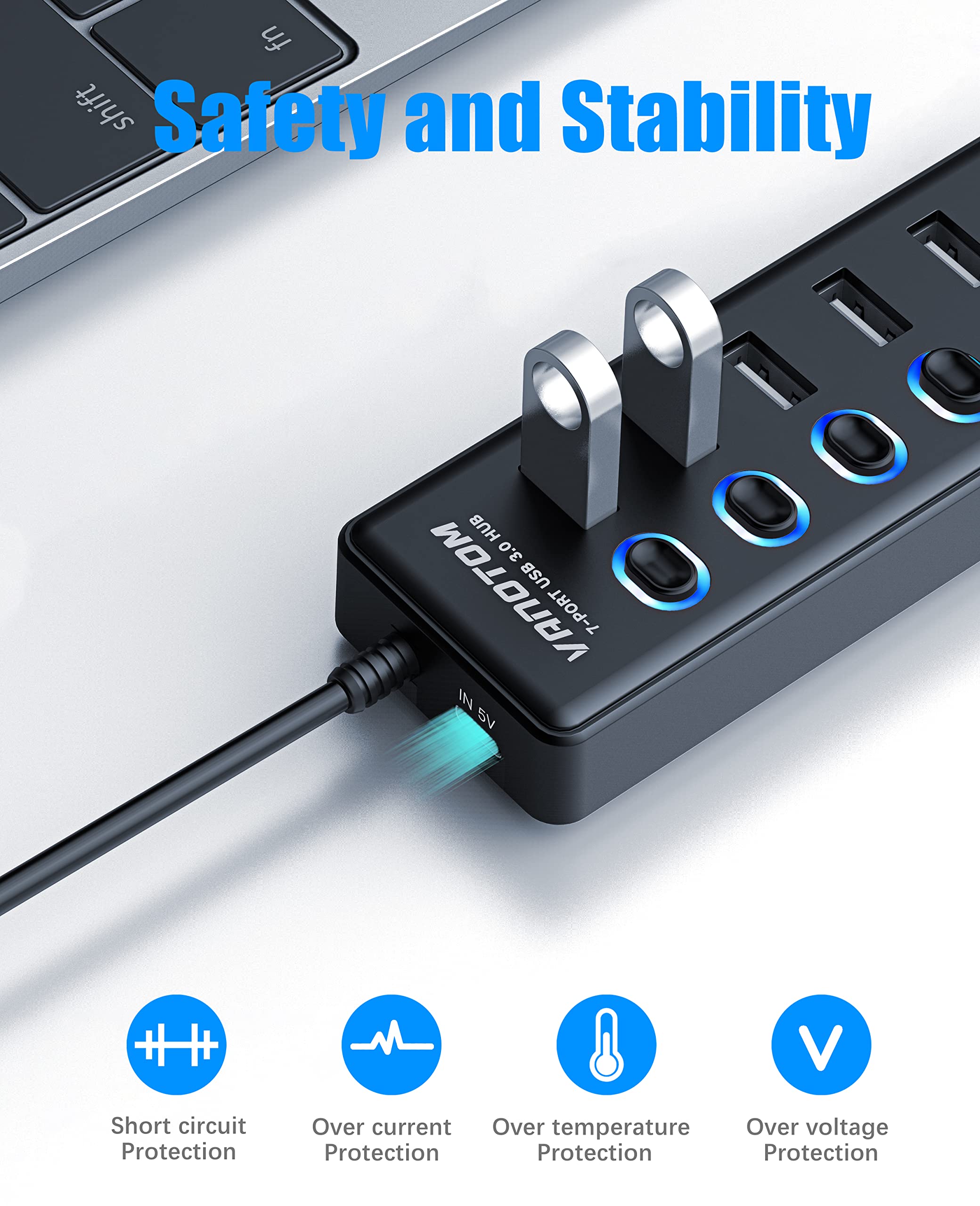 VANOTOM USB 3.0 Hub, 7-Port USB Hub Splitter with LED Individual On/Off Switches and 3ft Extended Long Cable for Laptop, MacBook, Surface Pro, PS4/5, Flash Drive, HDD