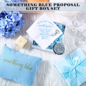 Set of 5 Something Blue Wedding Gift for Bride to My Best Friend Wedding Embroidered Handkerchief Angel Bouquet Charm Something Blue Bridal Cosmetic Bag Diamond Compact Mirror Blue Raffia Gift Box