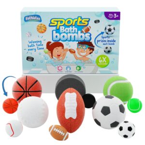 6pc Sporty Kids Bath Bombs with Surprise Inside - Girls & Boys Bath Toys w/ 6 Sports Prizes - Perfect for Birthdays, Holidays -Toddlers 3+