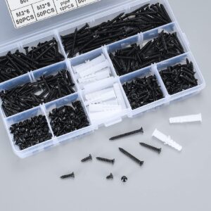 420 Pcs M3 Flat Head Wood Screws Assortment Kit, Phillips Drive Countersunk Head Self-Tapping Fasteners Screws, Carbon Steel Wood Screws, Contains 20 Pcs M6 Screw Anchors (Black)