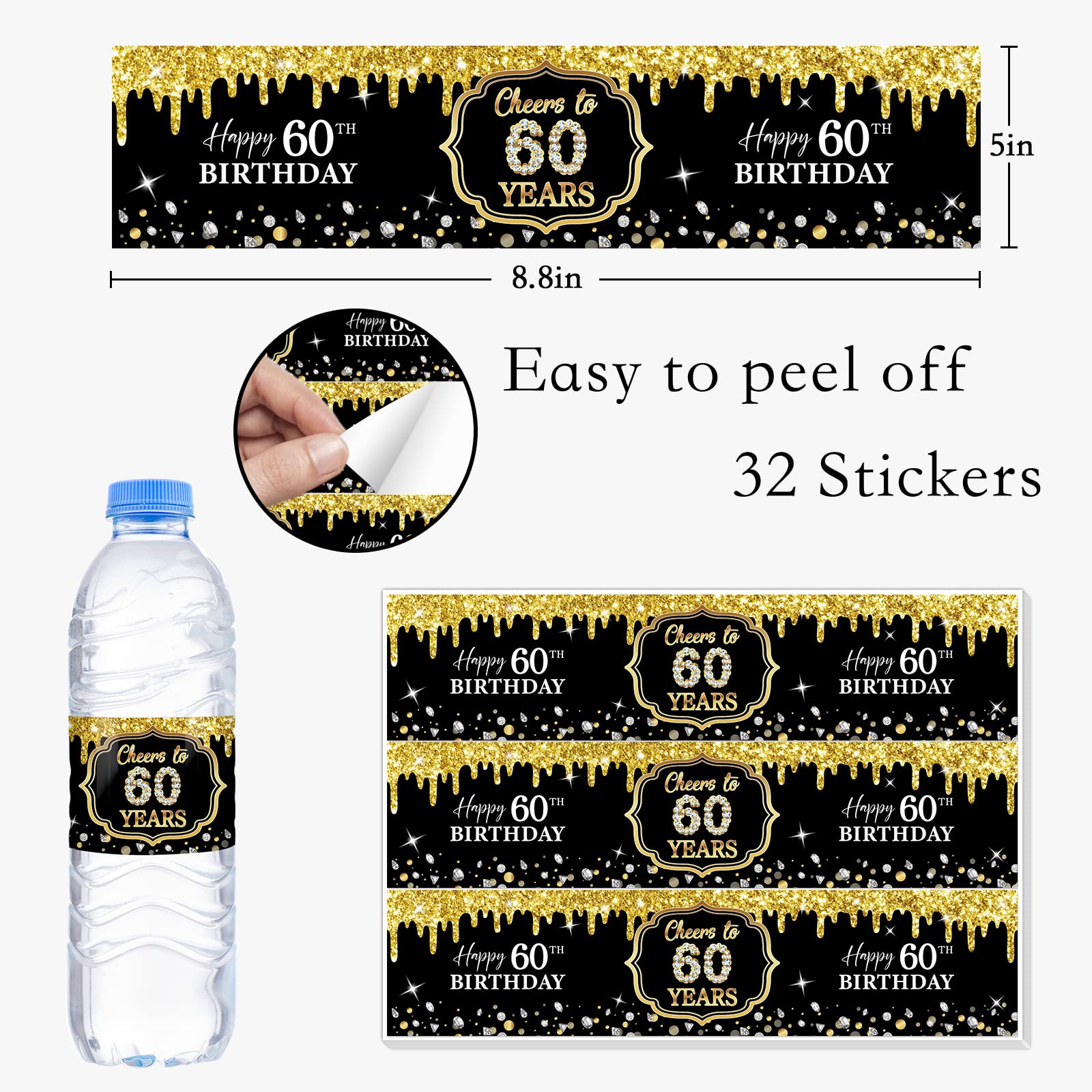 WOWOPA 32Pcs Cheers to 60 Years Water Bottle Labels, Happy 60th Birthday Labels Stickers for Women and Men Birthday Party Decorations - Black