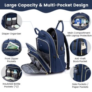 LOVEVOOK Diaper Bag Backpack,Quilted Baby Bag for Mom and Dad, Large Capacity Travel Back Pack with Changing Pad & Pacifier Holder,Navy Blue