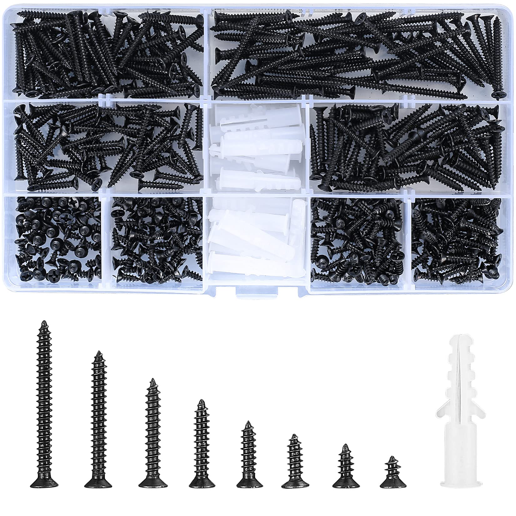 420 Pcs M3 Flat Head Wood Screws Assortment Kit, Phillips Drive Countersunk Head Self-Tapping Fasteners Screws, Carbon Steel Wood Screws, Contains 20 Pcs M6 Screw Anchors (Black)