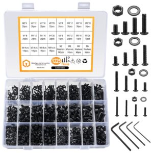 1225 Pcs M2 M3 M4 M5 Hex Button Socket Head Cap Screws Bolts Nuts Flat Washers Assortment Kit, Carbon Steel Black Machine Screws and Nuts and Bolts and Washers Set(1225Black)