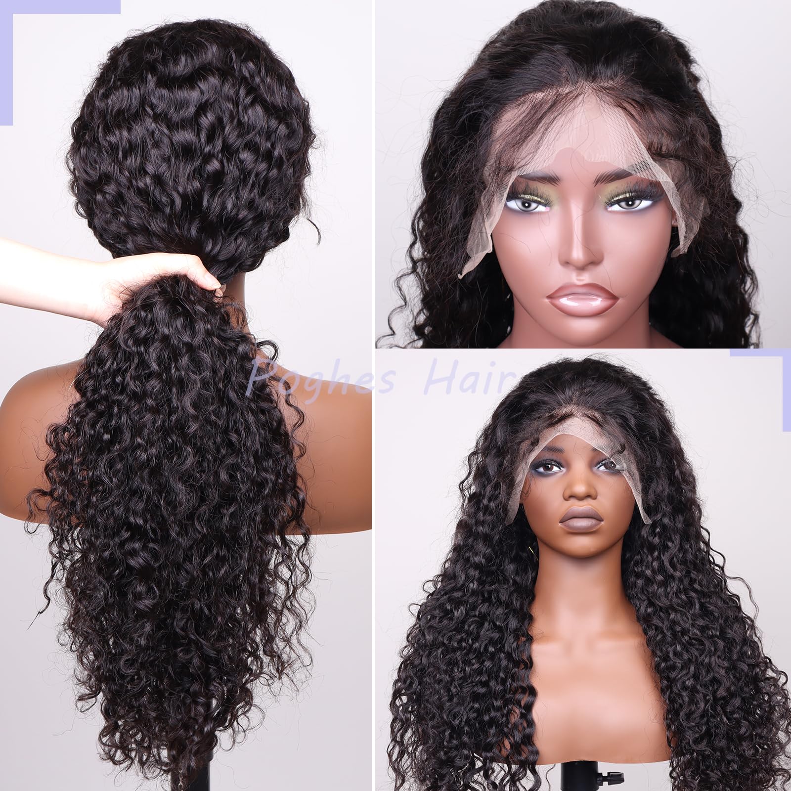 Poghes 13x6 Water Wave Lace Front Wigs Human Hair 180% Density HD Lace Front Wigs Human Hair Pre Plucked Wigs For Black Women Curly Wig Human Hair Human Hair Lace Front Wigs with Baby Hair (24 Inch)