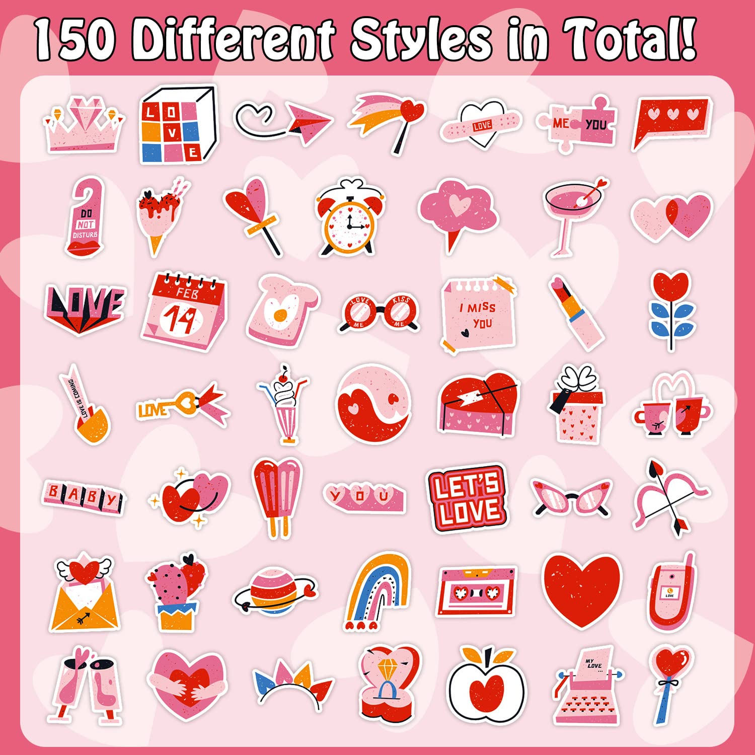 Partywind 150 PCS Valentine's Day Stickers, Waterproof Heart Love Stickers for Valentines Decorations, Cute Valentines Day Prizes for Kids Classroom, Water Bottle/Laptop/Computer Decor