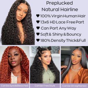 Poghes 13x6 Water Wave Lace Front Wigs Human Hair 180% Density HD Lace Front Wigs Human Hair Pre Plucked Wigs For Black Women Curly Wig Human Hair Human Hair Lace Front Wigs with Baby Hair (24 Inch)