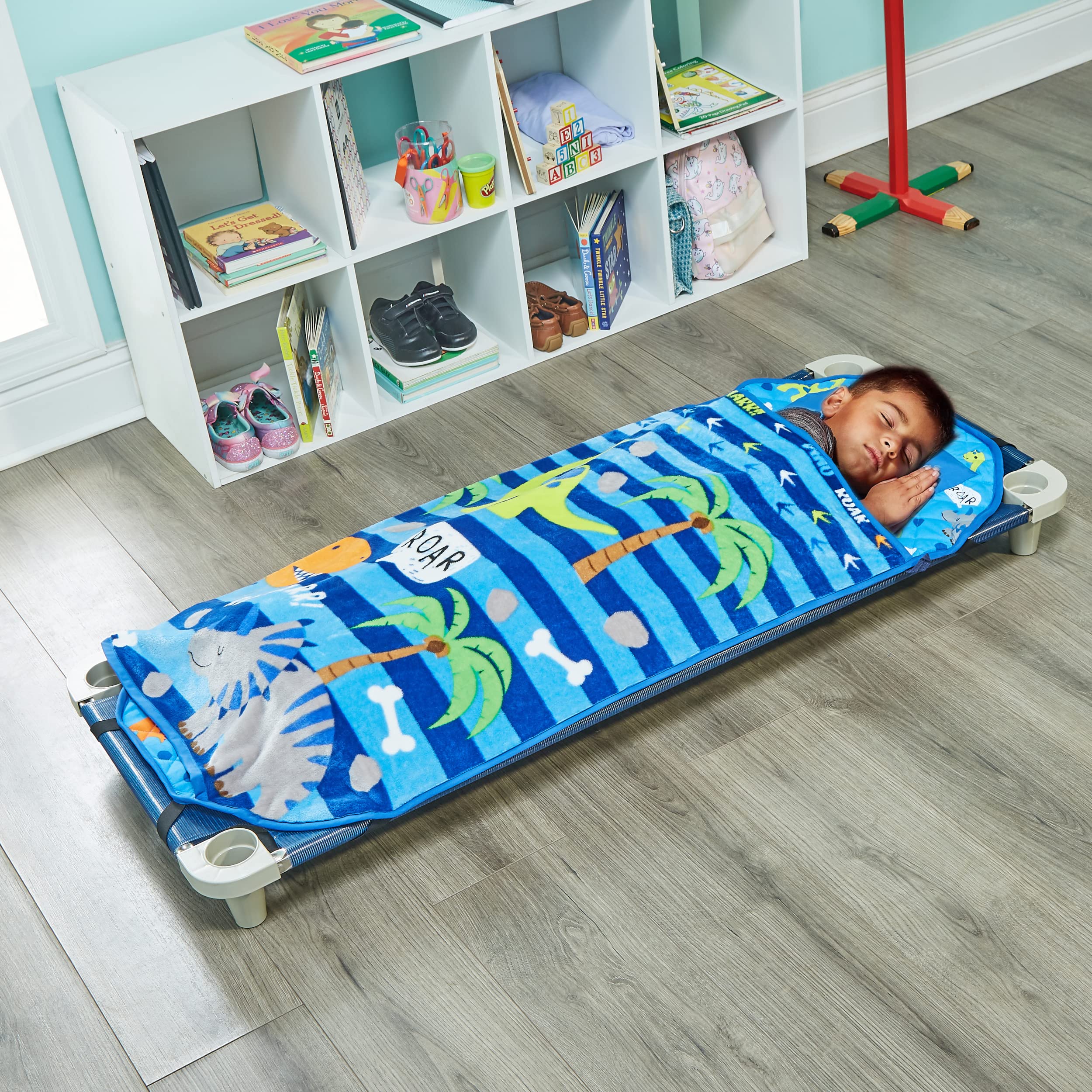 EVERYDAY KIDS Cute Preschooler and Toddler Cot Nap Mat for Home, Daycare, Preschool and Kindergarten; Easy to Roll Sleeping Mat with Elastic Straps, Pillow and Blanket