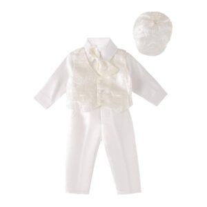 dressy daisy infant baby boy christening baptism outfit ivory vest suit 5 pieces clothing set with bonnet hat size 3-6 months