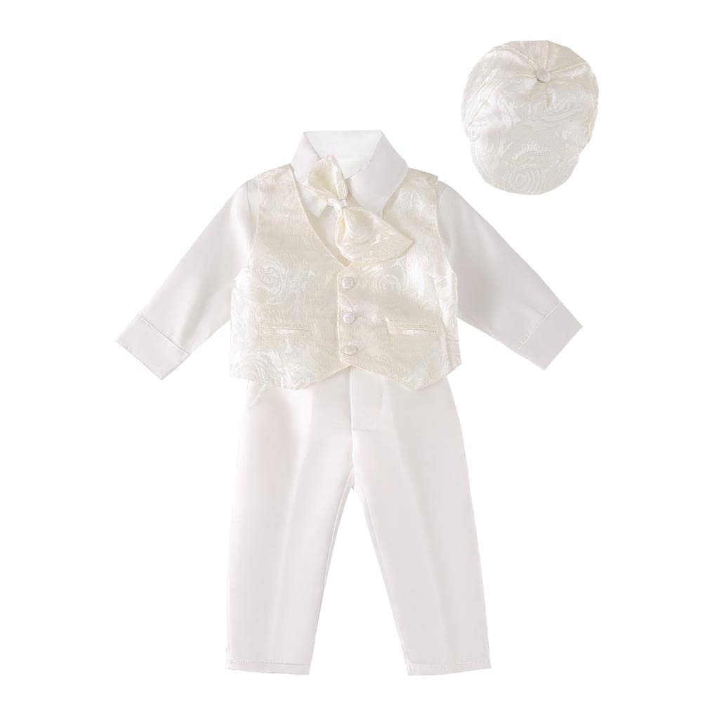 Dressy Daisy Infant Baby Boy Christening Baptism Outfit Ivory Vest Suit 5 Pieces Clothing Set with Bonnet Hat Size 3-6 Months