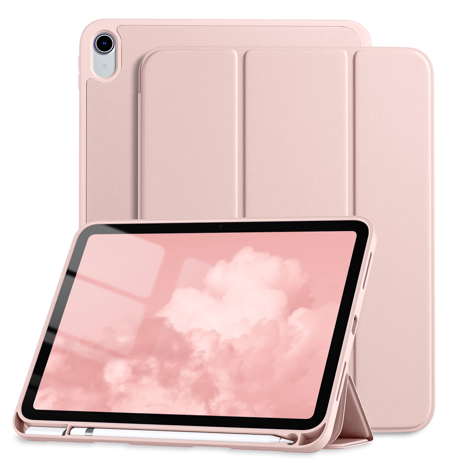 Dirrelo Compatible with iPad 10th Generation Case 2022, Protective Case 10th Generation with Pencil Holder, Trifold Stand Case Designed for iPad 10.9 Inch, Auto Sleep/Wake Cover, Rose Pink