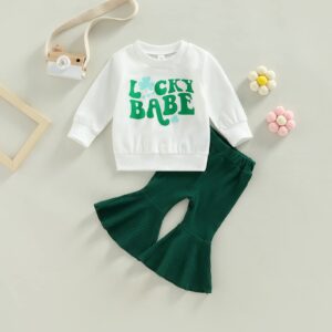 Engofs Toddler Baby Girl St. Patrick's Day Outfit Long Sleeve Letter Print Sweatshirt Tops Bell Bottoms Pants Set My First St Patricks Clothes Green 2-3T