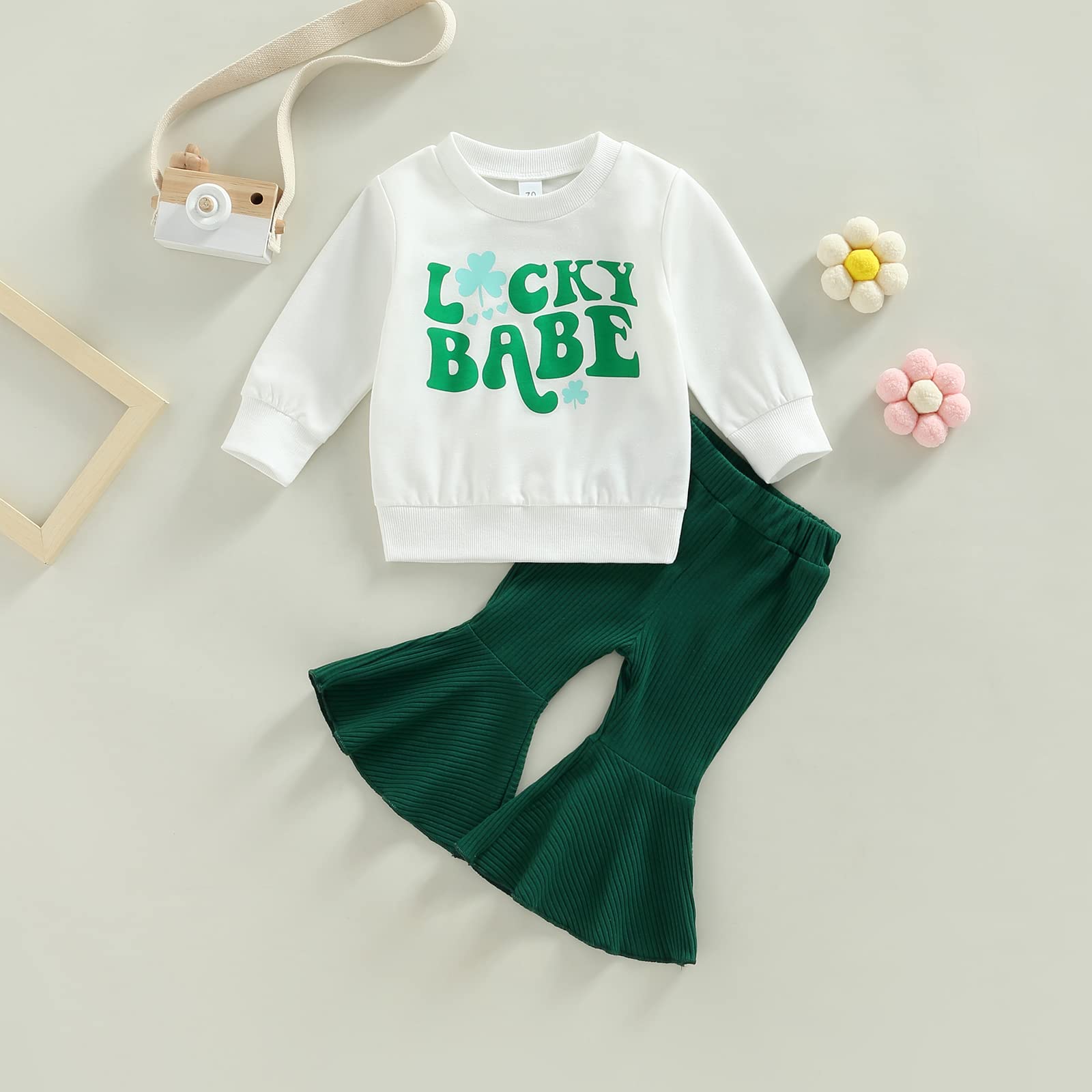 Engofs Toddler Baby Girl St. Patrick's Day Outfit Long Sleeve Letter Print Sweatshirt Tops Bell Bottoms Pants Set My First St Patricks Clothes Green 2-3T