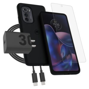 motorola edge (2022) soft protective black case + 9h glass screen protector + turbopower 30w charger and 3.3ft usb-c cable bundle (not for edge+ (plus) 2022)