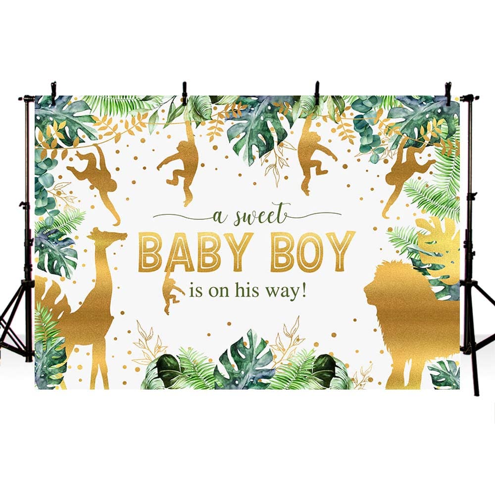 AIBIIN 7x5ft Jungle Safari Animals Baby Shower Backdrop Boy Baby Shower Party Decorations Baby Boy is On His Way Baby Shower Party Banner Photo Booth Props