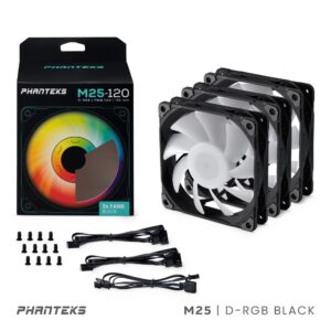 Phanteks M25-120 D-RGB Fan, High-Airflow Radiator Performance, PWM Control up to 2000RPM, ARGB/DRGB Lighting, Daisy-Chain Cable, Black, 3 Pack