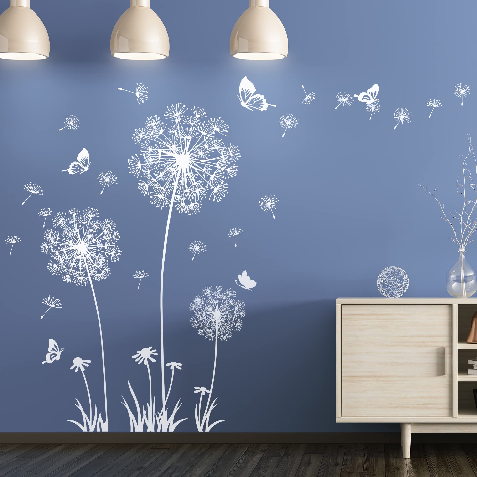 Buiory Dandelion Wall Decals Removable Flower Wall Stickers Peel and Stick Floral Butterfly Murals Dandelion Party Decoration for Bedroom Living Room Sofa Backdrop TV Dandelion Wall Decor (White)