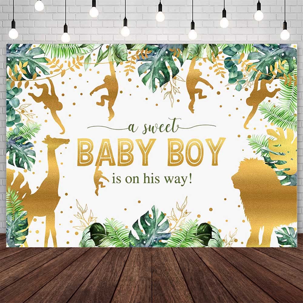 AIBIIN 7x5ft Jungle Safari Animals Baby Shower Backdrop Boy Baby Shower Party Decorations Baby Boy is On His Way Baby Shower Party Banner Photo Booth Props