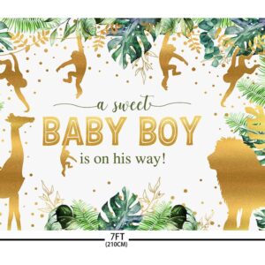 AIBIIN 7x5ft Jungle Safari Animals Baby Shower Backdrop Boy Baby Shower Party Decorations Baby Boy is On His Way Baby Shower Party Banner Photo Booth Props