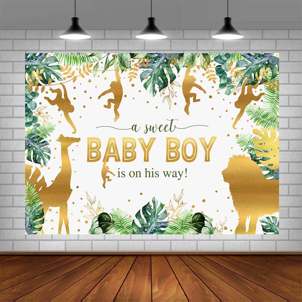 AIBIIN 7x5ft Jungle Safari Animals Baby Shower Backdrop Boy Baby Shower Party Decorations Baby Boy is On His Way Baby Shower Party Banner Photo Booth Props