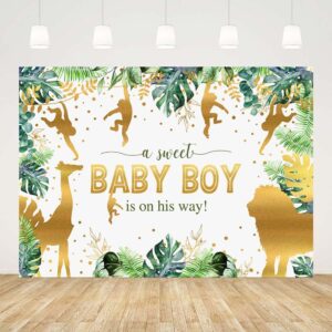 AIBIIN 7x5ft Jungle Safari Animals Baby Shower Backdrop Boy Baby Shower Party Decorations Baby Boy is On His Way Baby Shower Party Banner Photo Booth Props