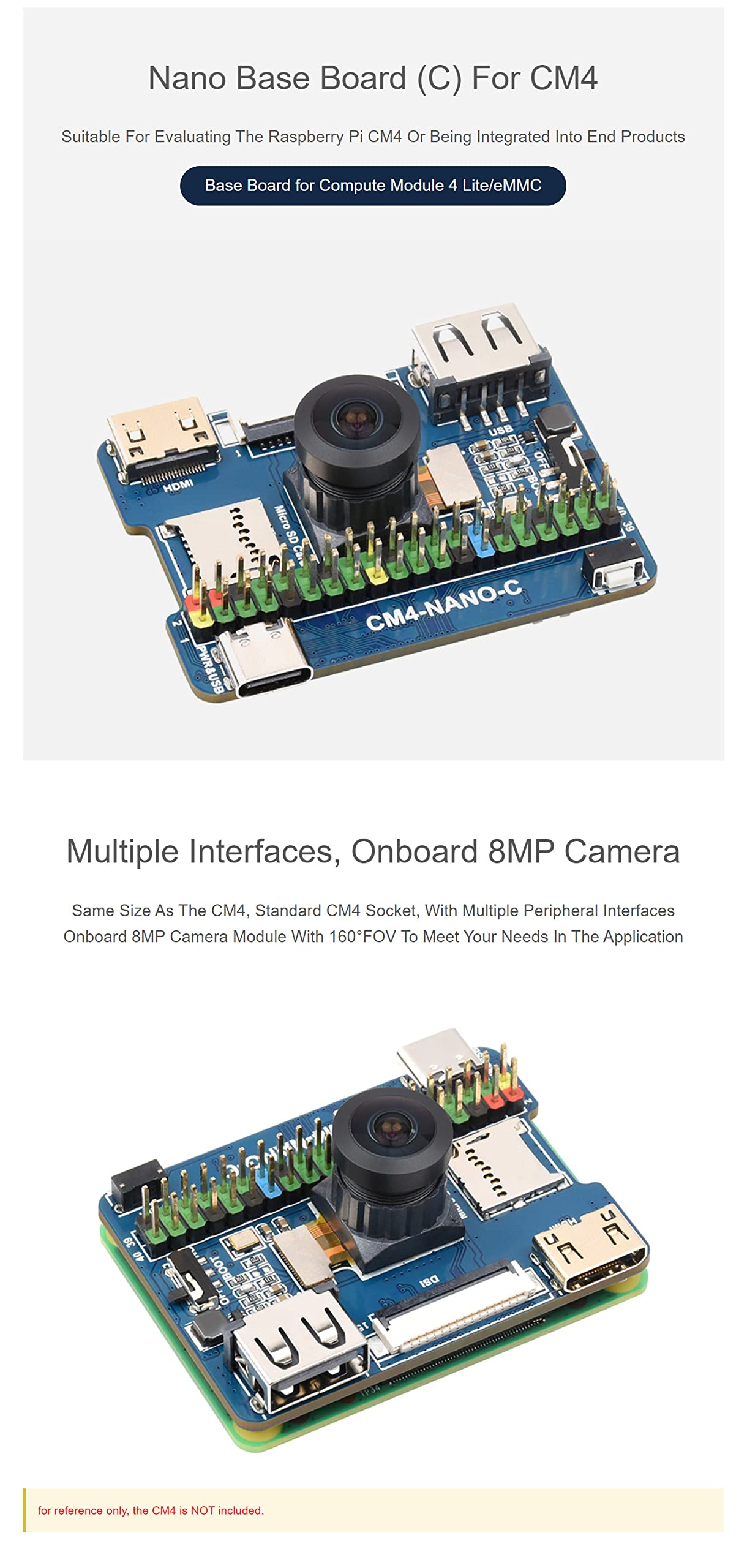 Nano Base Board C Version for Raspberry Pi Compute Module 4 Lite/eMMC (CM4 not Include), with 8MP 160°FOV Camera, Same Size As The CM4