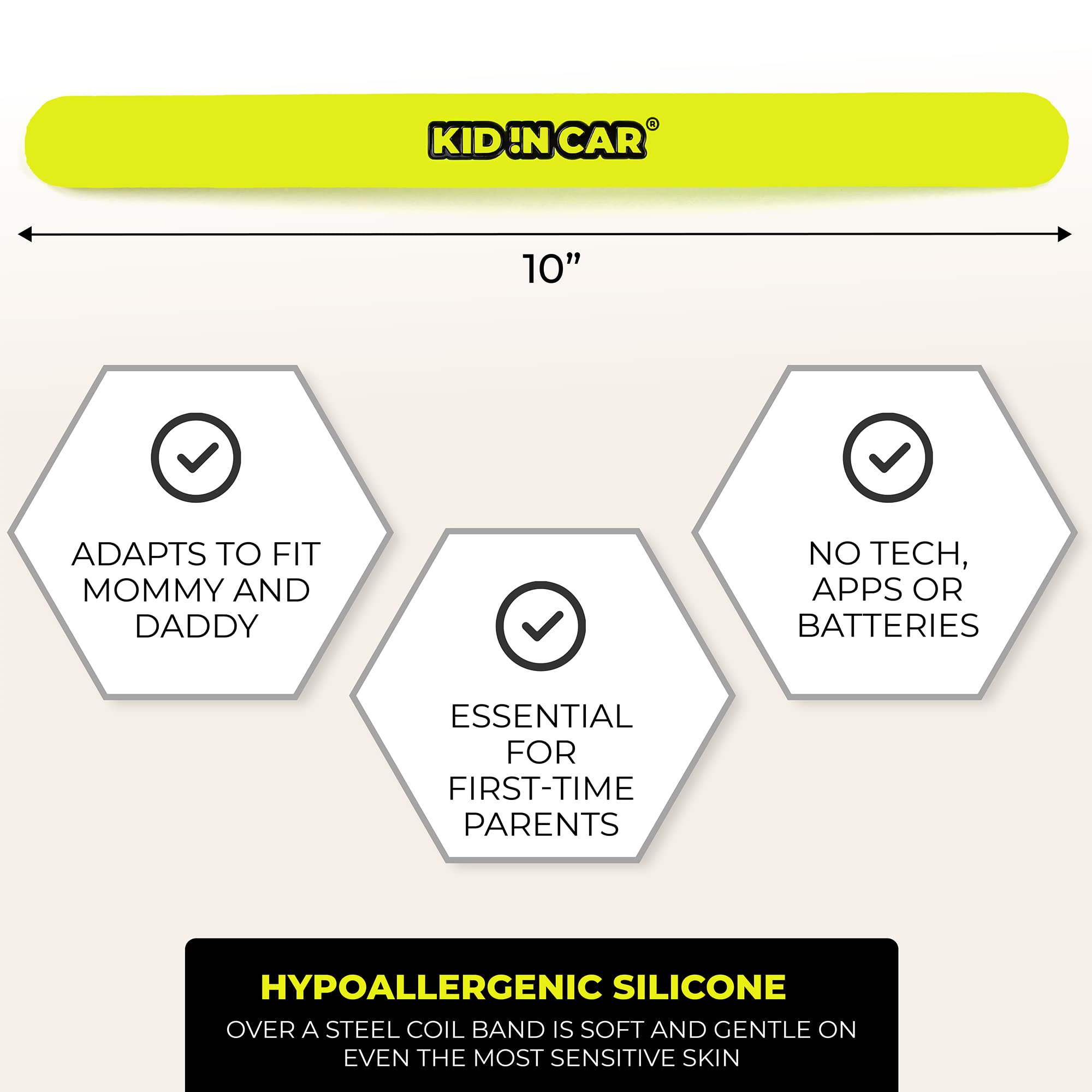 KID !N CAR - Baby in Car Reminder for Infant Car Safety, Tech Free, Neon Slap Band Reminds Parents of Child in Car