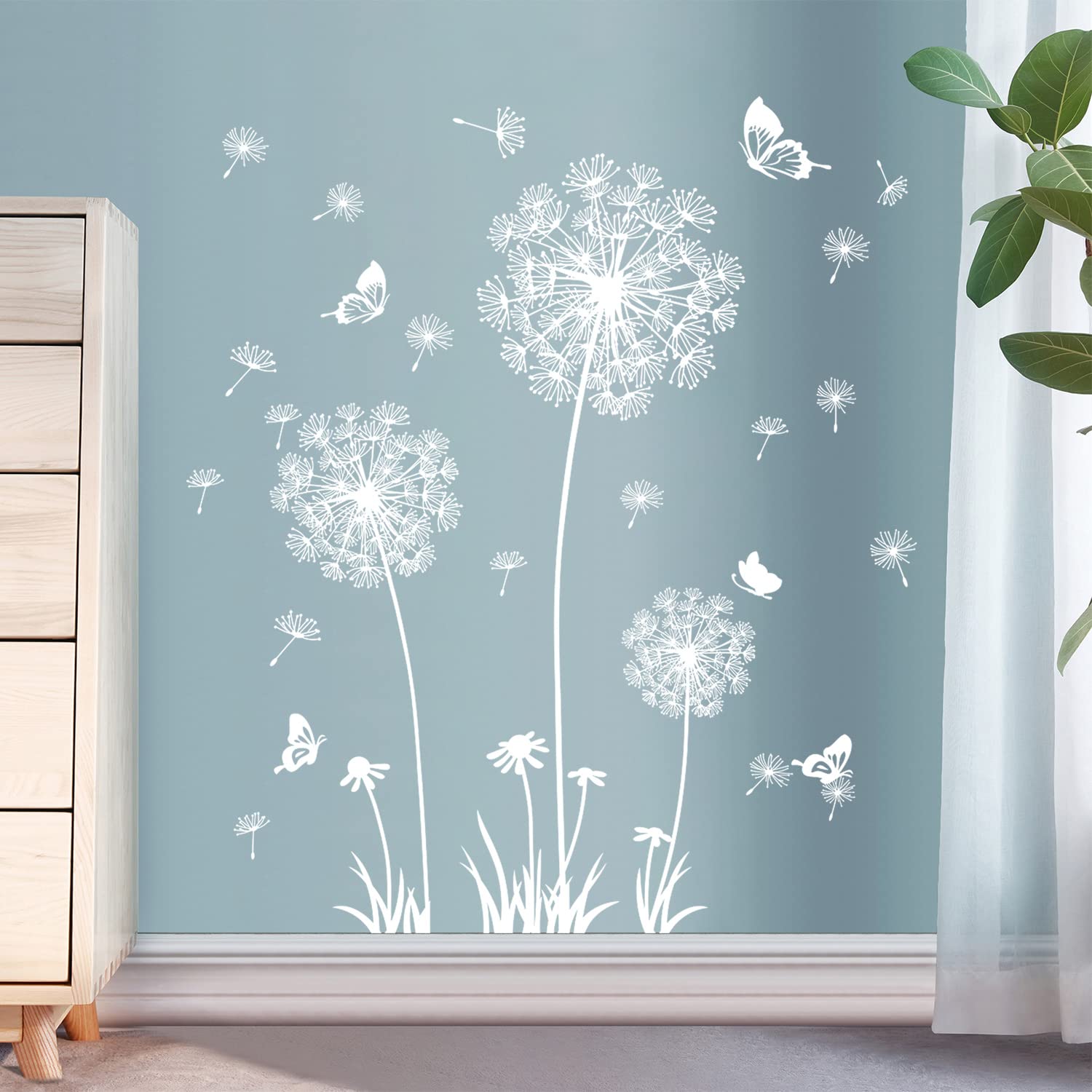 Buiory Dandelion Wall Decals Removable Flower Wall Stickers Peel and Stick Floral Butterfly Murals Dandelion Party Decoration for Bedroom Living Room Sofa Backdrop TV Dandelion Wall Decor (White)