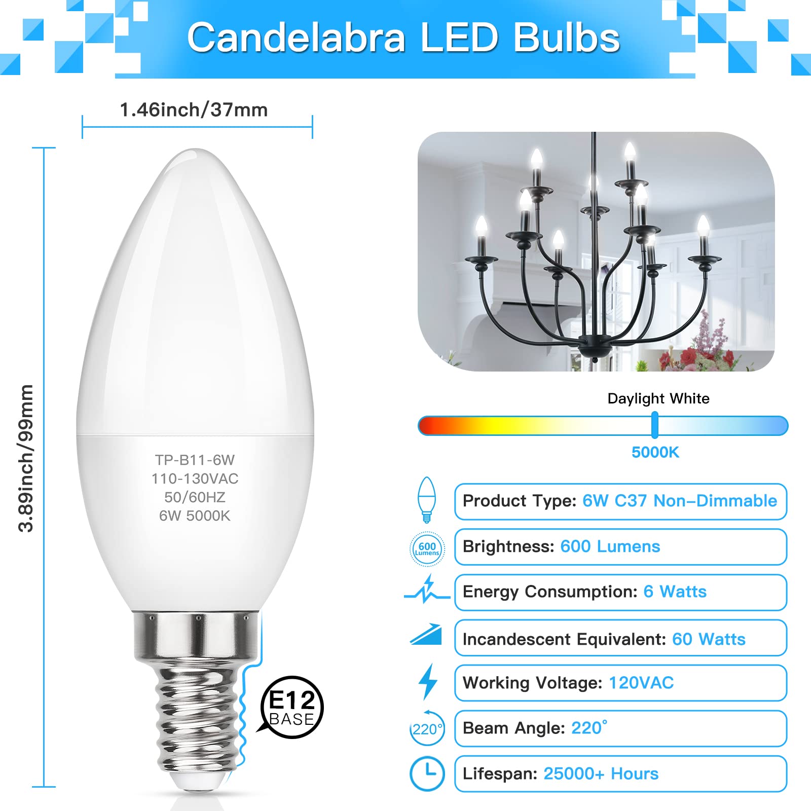 MAXvolador E12 LED Candelabra Light Bulbs 60W Equivalent, Daylight White 5000K 600 Lumen Chandelier Bulb, 6W B11 Candle Base, Non-Dimmable, Pack of 6