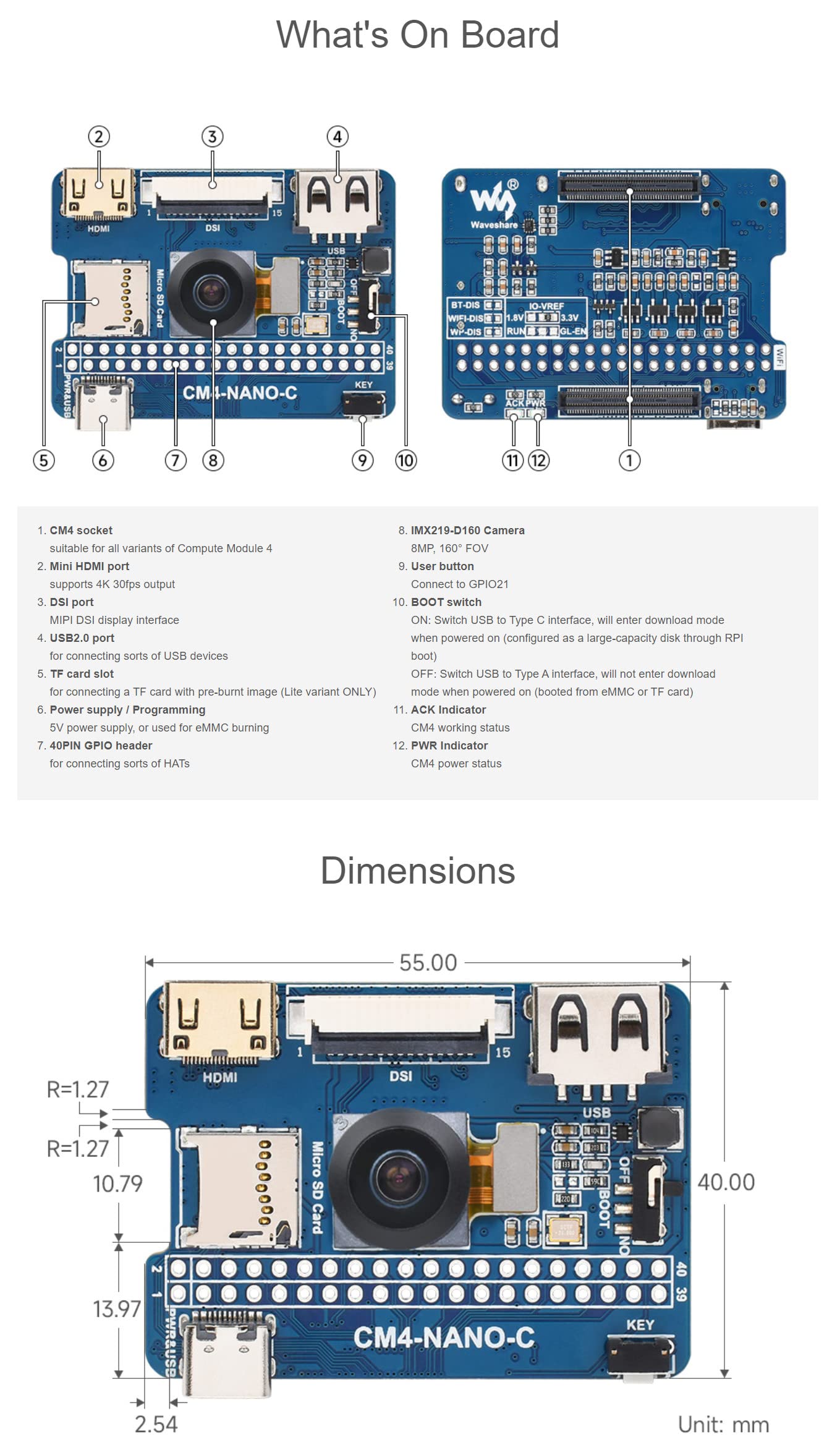 Nano Base Board C Version for Raspberry Pi Compute Module 4 Lite/eMMC (CM4 not Include), with 8MP 160°FOV Camera, Same Size As The CM4