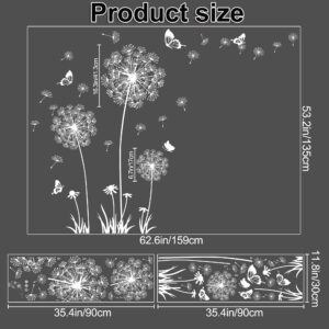 Buiory Dandelion Wall Decals Removable Flower Wall Stickers Peel and Stick Floral Butterfly Murals Dandelion Party Decoration for Bedroom Living Room Sofa Backdrop TV Dandelion Wall Decor (White)