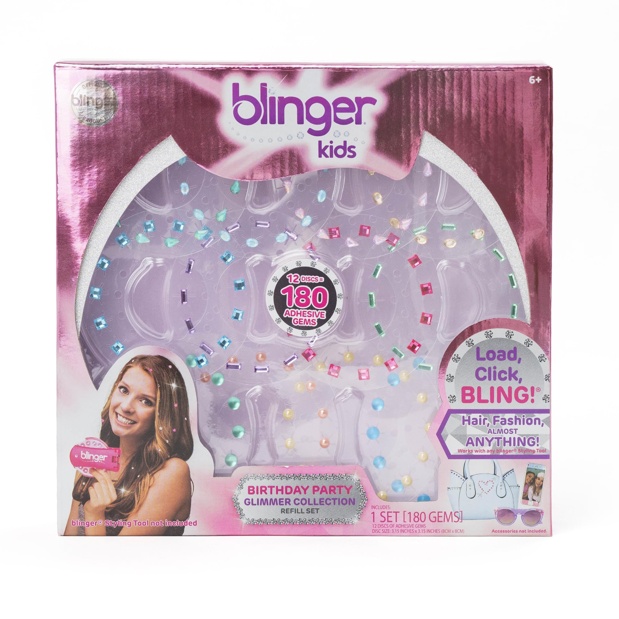 blinger Glimmer Collection Refill Pack | Birthday Party | 12 Discs – 180 Gems | Bling in Brush Out | Works with blinger Hair Styling Tool (Multicolored)