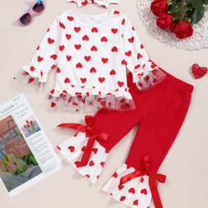 Toddler Baby Girl Valentine's Day Outfit Long Sleeve Ruffle Heart Printed Top Bell Bottom Pants Headband 3Pcs Set