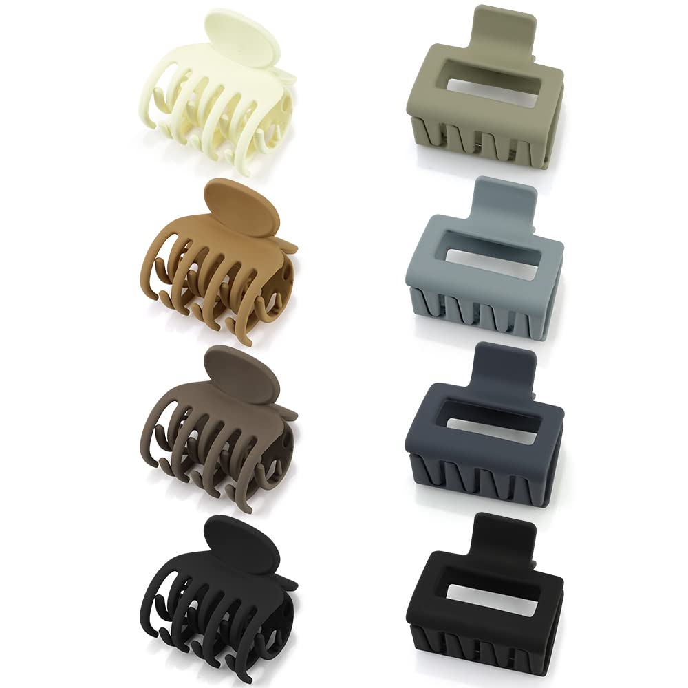 ATODEN Small Mini Claw Hair Clips: 8Pcs Cute Square and Double Row Matte Neutral Clips for Thin, Thick, Fine Hair Accessories