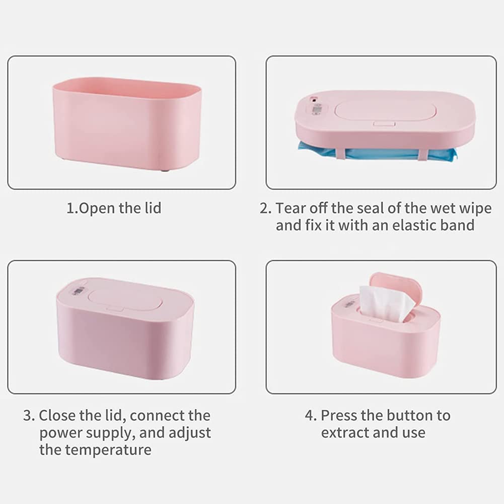 Baby Wet Wipes Warmer, Portable Diaper Wipes Heater Box, USB Charging Wipe Dispenser, Refillable Wipe Container for Home Car Travel (Pink)