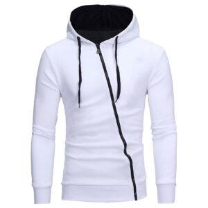 Maiyifu-GJ Men Long Sleeve Diagonal Zipper Hoodie Drawstring Side Zipper Hooded Coat Slim Fit Muscle Bodybuilding Zip Jackets (White,3X-Large)