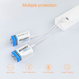 BOANV 4PCS 1300mAh 9V Rechargeable Batteries, 9V Rechargeable USB Lithium Long Lasting Battery, with 2 in 1 Charging Cable, for Smoke Detectors, Alarms, Keypad, Microphone