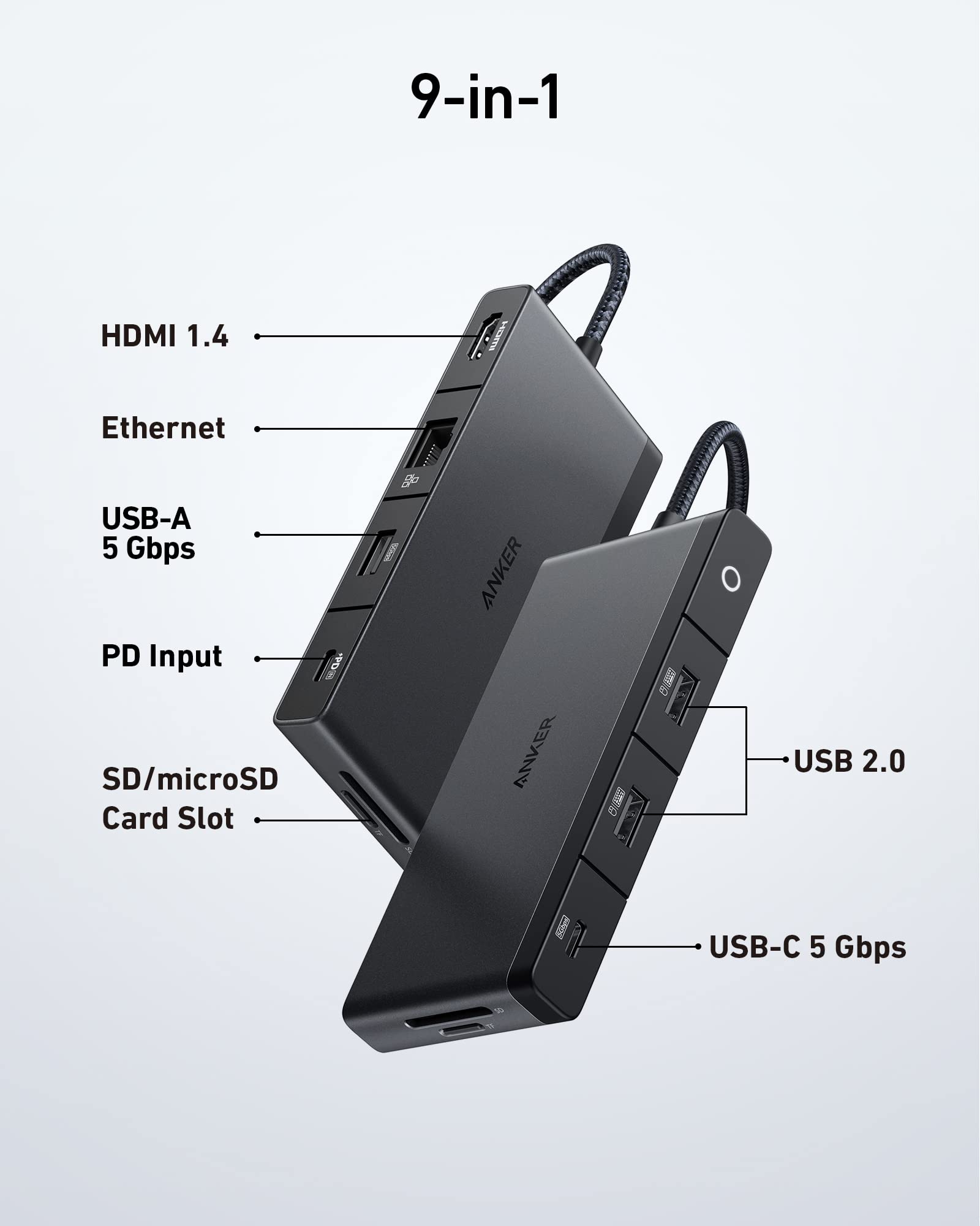 Anker 552 [USB]-[C] [Hub] (9-in-1) with 100W Power Delivery, [4K]@30Hz [HDMI], 4 [USB]-[C] and [USB]-A Data Ports, Ethernet and SD/microSD [C]ard Slot for MacBook, HP, Dell Laptops, and More