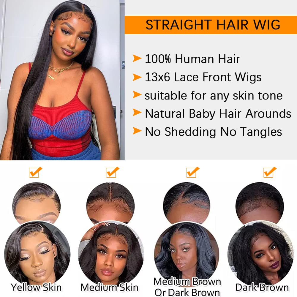 Dixtefo 13x6 HD Glueless Straight Lace Front Wigs Human Hair Transparent Lace Frontal Wigs 220% Density Brazilian Virgin Human Hair Wigs for Women Pre Plucked with Baby Hair Natural Color 30 Inch