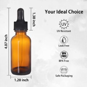 Comrzor 48 Pack 1oz Amber Glass Bottles with Glass Eye Droppers for Essential Oils, Perfumes & Lab Chemicals (Brush, Funnels, 2 Extra Droppers, 54 Pieces Labels & 30ml Measuring Cup Included)