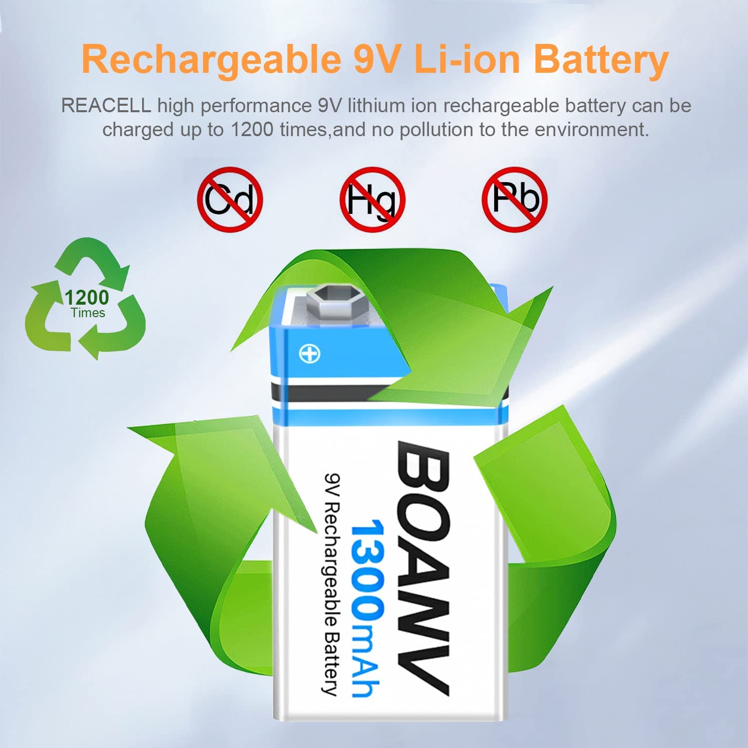 BOANV 4PCS 1300mAh 9V Rechargeable Batteries, 9V Rechargeable USB Lithium Long Lasting Battery, with 2 in 1 Charging Cable, for Smoke Detectors, Alarms, Keypad, Microphone