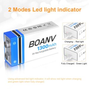 BOANV 4PCS 1300mAh 9V Rechargeable Batteries, 9V Rechargeable USB Lithium Long Lasting Battery, with 2 in 1 Charging Cable, for Smoke Detectors, Alarms, Keypad, Microphone