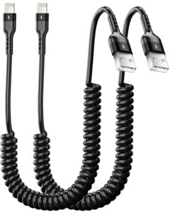 aicase coiled lightning cable for car 2 pack, coil iphone charger cable compatible with iphone 14 pro max/13 pro max/12 pro/12/11/xs/xs max/xr/x/8/8 plus/pad_3.2 ft