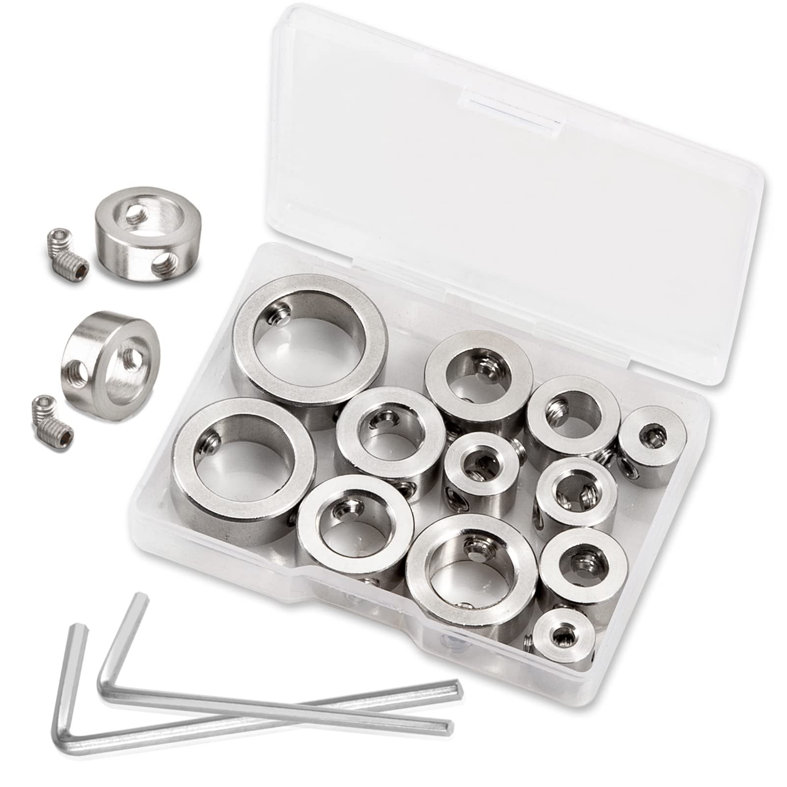 LEONTOOL 12 Pcs 3-16mm Drill Bit Depth Stop Collar Set 304 Stainless Steel Drilling Limit Ring Drill Bit Stop Collar Set Stop Bit Collar Set Drill Tool with Hex Wrenches and Storage Box