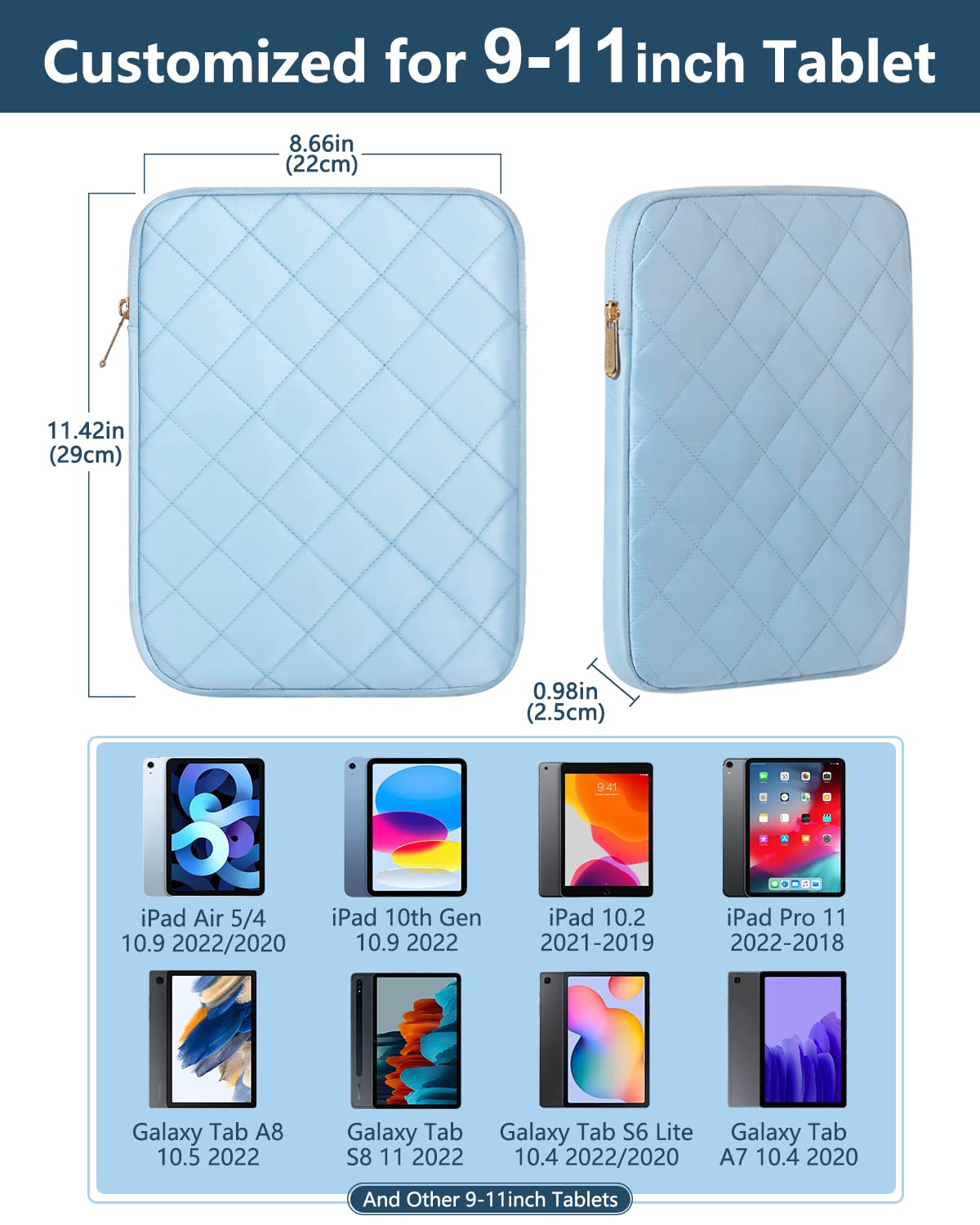 Dadanism 9-11" Tablet Sleeve for iPad 10.2 9/8/7th, iPad 10th Gen 10.9, iPad Pro 11 M4, iPad Air 11", iPad Air 5/4 10.9, Galaxy Tab A9+/S9 FE/A8, Puffy Padded Protective iPad Carrying Case, Blue