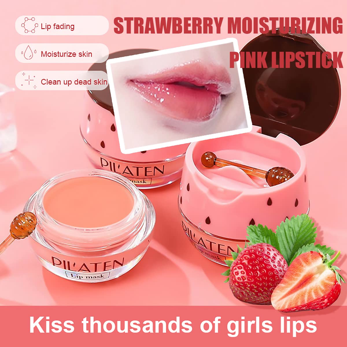 4PCS Strawberry & Honey Lip Balm, Vitamin E Moisturizing Propolis Sleeping Lip Mask, Effective Reduces Lip Lines Prevention Dry and Cracked Lip Scrubs Exfoliator Smoothing Dry Lip Care