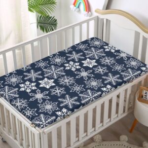 Snowflake Themed Fitted Crib Sheet,Soft Toddler Mattress Sheet Fitted - Crib Mattress Sheet or Toddler Bed Sheet,Navy Blue White,52“ x28“