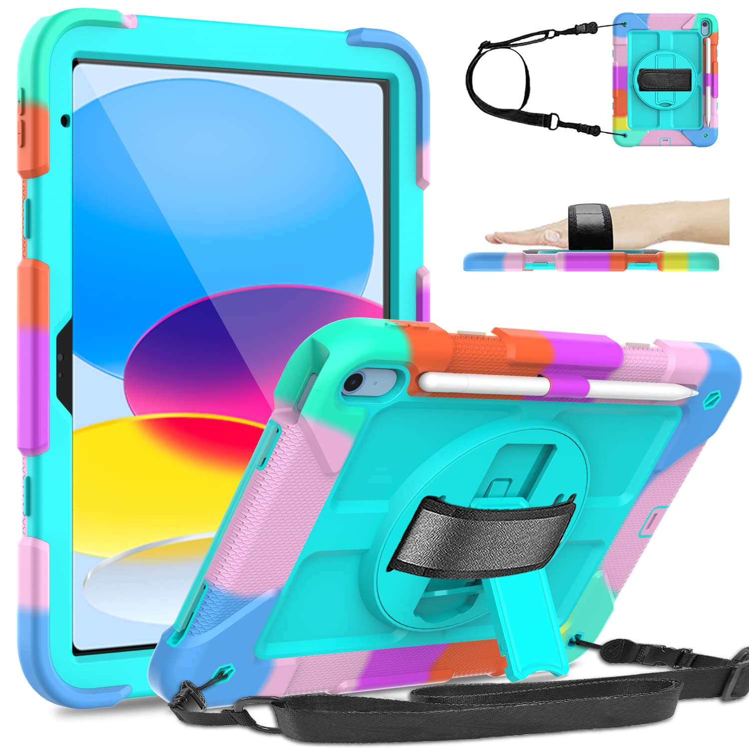 TIRIN New iPad 10th Generation Case 2022, iPad 10.9 inch case with Built-in Screen Protector & Pencil Holder & Rotating Hand Strap Stand Shockproof Protective Case for iPad 10th Gen 10.9, Aqua Teal